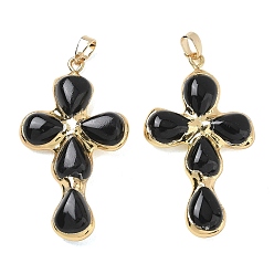 Obsidian Natural Obsidian Pendants, Cross Charms, with Golden Tone Brass Findings, 38~41x22.5~23.5x5.5~6mm, Hole: 5.5x3.5mm