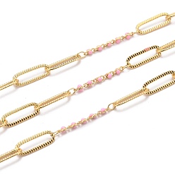 Pink Golden Plated Handmade Enamel Beaded Chains, Brass Paperclip Chains, Long-Lasting Plated, Soldered, with Spool, Pink, Link: 15x5x0.7mm and 5x1.7x2mm, about 32.8 Feet(10m)/roll