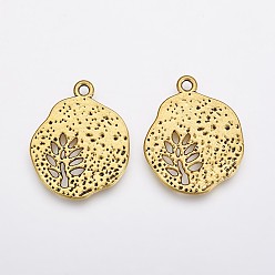 Antique Golden Tibetan Style Alloy Pendants, Cadmium Free & Nickel Free & Lead Free, Flat Round with Leaf, Antique Golden, 22x18x1mm, Hole: 1mm