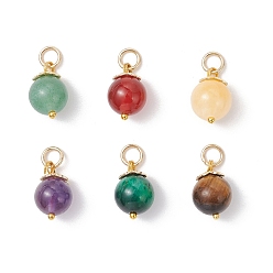Смешанные камни 6 шт. натуральных крашеных круглых подвесок с зеленым тигровым глазом, зеленым авантюрином, сердоликом, желтым нефритом, аметистом и тигровым глазом, с 304 петлями из нержавеющей стали, золотые, 16x10 мм, отверстие : 4 мм, 1 шт / стиль