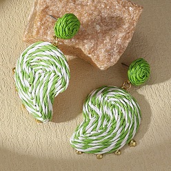 Светло-зеленый Серьги-гвоздики из железа и рафии для женщин, слеза, сплав мотаться серьги, золотые, светло-зеленый, 62x37 мм