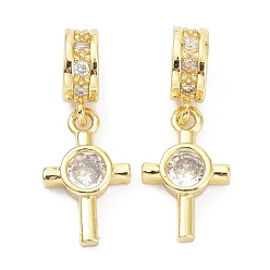 Golden Brass Cubic Zirconia Pendants, Cross, Golden, 22mm, Hole: 2.5mm
