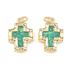 Plaqué 18K Or Véritable Pendentifs en laiton zircon cubique transparent, avec émail noir et résine cyan foncé, croix avec des charmes de mauvais œil, crémaillère plaquage, plaqué longue durée, sans plomb et sans cadmium, réel 18 k plaqué or, 17x12x4mm, Trou: 3mm