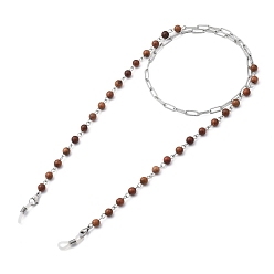 Coconut Brown Eyeglasses Chains, Neck Strap for Eyeglasses, with Round Natural Wood Beads, Rubber Loop Ends, 304 Stainless Steel Paperclip Chains & Lobster Claw Clasps, Coconut Brown, 32.6 inch(83cm)