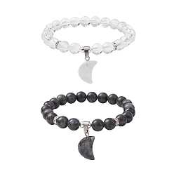 Mixed Stone 2Pcs 2 Style Natural & Synthetic Mixed Gemstone Stretch Bracelets Set, Couple Bracelets with Moon Charms, Inner Diameter: 2-5/8 inch(6.6cm), 1Pc/style