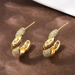 Настоящее золото 18K Серьги-гвоздики с микропаве из прозрачных кубических цирконий в форме спирали из латуни, долговечный, стойки покрытие, реальный 18 k позолоченный, 25x6.5 мм