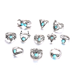 Antique Silver 11Pcs 11 Style Synthetic Turquoise Finger Rings Set, Triangle & Moon & Crown & Eagle Alloy Stackable Rings for Women, Antique Silver, US Size 7 3/4(17.9mm), 1Pc/style