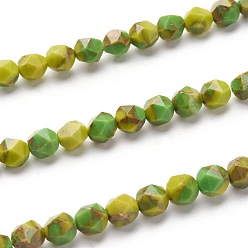 Зелено-Желтый Синтетические бирюзовые бусины с золотой линией, звезды вырезать круглые бусы, граненые, окрашенные, зеленый желтый, 5.5~6 мм, отверстие : 1 мм, около 62 шт / нитка, 15.16 дюйм (38.5 см)