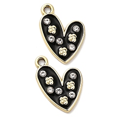 Золотой Подвески из сплава и страза, с черной эмалью, сердце с цветочными подвесками, золотые, 18.5x14.5x2.5 мм, отверстие : 1.8 мм
