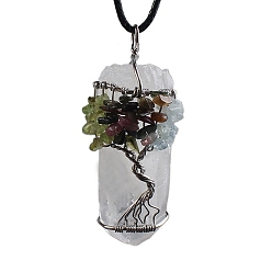 Platinum Natural Quartz Crystal & Peridot & Tourmaline & Aquamarine Pendants, Tree of Life, Platinum, 50~60x10~15mm