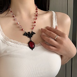 Черный Сплав красного стекла летучая мышь кулон круглые стеклянные звенья ожерелья для Хэллоуина, чёрные, 16.93 дюйм (43 см)