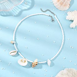 Seashell Color Summer Beach Natural Mixed Stone Pendant Glass Seed Beaded Necklaces for Women, Platinum & Stainless Steel Color, Seashell Color, 16.38 inch(41.6cm)