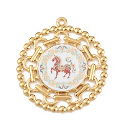 Красный Печатные 304 подвески из нержавеющей стали, плоский круглый с подвесками в виде лошади, вакуумное покрытие pvd, реальный 18 k позолоченный, красные, 44x39.5x2 мм, отверстие : 2.5 мм