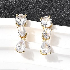 Настоящее золото 18K Серьги-гвоздики в форме капли с микропаве из прозрачных кубических цирконий из латуни, стойки покрытие, долговечный, без кадмия и без свинца, реальный 18 k позолоченный, 20.5x6 мм