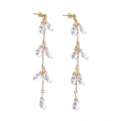 Clear AB Electroplate Glass Dangle Earrings, with Brass Post Earring Findings and Bar Link Chains, Teardrop, Clear AB, 108mm, Pin: 0.6mm