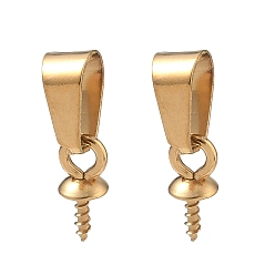 Golden 304 Stainless Steel Screw Eye Peg Bails, for Half Drilled Beads, Ion Plating(IP), Golden, 10x4x4mm, Hole: 7x4mm, Pin: 1.2mm