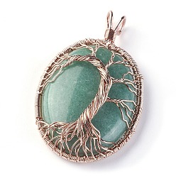 Green Aventurine Natural Green Aventurine Big Pendants, with Rose Gold Tone Brass Findings, Oval with Tree of Life, 56~58.5x35~36x12~13.8mm, Hole: 4.2~5.2x4.6~6mm