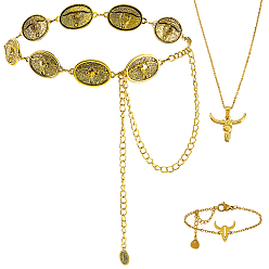 Золотой Набор украшений в ковбойском стиле, 1 Голова крупного рогатого скота 304 Кулон из нержавеющей стали, с 1шт. 304 браслетами из нержавеющей стали в виде голов крупного рогатого скота и цепочкой в виде головы на талии, золотые, колье: 17.83 дюйм (45.3 см), браслет: около 7-1/8 дюйма (18 см), Поясные цепочки: около 655мм