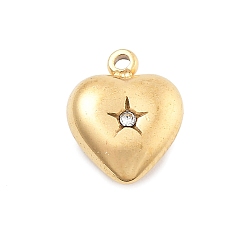 Настоящее золото 18K 304 кулон из нержавеющей стали, со стразами, вакуумное покрытие pvd, сердце, реальный 18 k позолоченный, 9x7x2.5 мм, отверстие : 0.9 мм