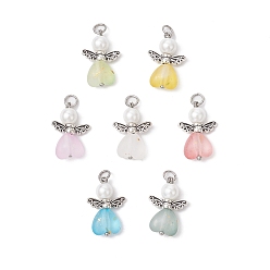 Античное Серебро 7шт. подвески из матового прозрачного акрила и стеклянного жемчуга, со сплавочной фурнитурой, Ангел с сердцем, античное серебро, 20.5x14x5.5 мм, отверстие : 3.5 мм