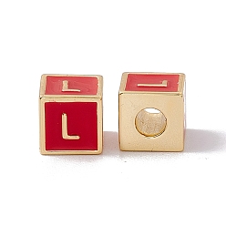 Letter L Стойки покрытие латунь эмаль бисер, без кадмия, без никеля и без свинца, реальный 18 k позолоченный, куб с письмом, красные, letter.l, 6x6x6 мм, отверстие : 2.5 мм