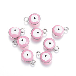 Pearl Pink 304 Stainless Steel Enamel Charms, Flat Round with Evil Eye, Stainless Steel Color, Pearl Pink, 8.5x6x4mm, Hole: 1mm