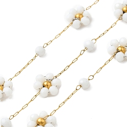 Белый Ручная работа 304 цепочки из нержавеющей стали с бусинами, пайки, с 316 кабельными цепочками из нержавеющей стали, стеклянные бусины и катушка, ионное покрытие (ip), цветок, золотые, белые, Цветок: 9x8x3 мм