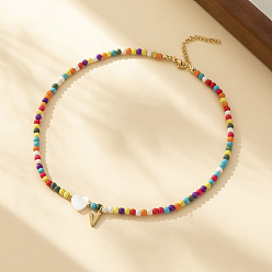 Letter V Ожерелья из круглых бусин в форме сердца из натуральных ракушек и разноцветных стеклянных семян, ожерелья шкентеля, 304 колье из нержавеющей стали, золотые, Буква V, 15.35 дюйм (39 см)