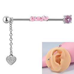 Сердце 304 Двойные серьги-подвески из нержавеющей стали с кубическим цирконием для пирсинга хряща, цвет нержавеющей стали, сердце, 38 мм, штифты : 1.6 мм, Руководитель: 5 mm
