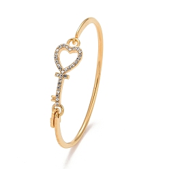 Golden Crystal Rhinestone Heart Skeleton Key Bangle with Pad Lock Charm for Women, Golden, Inner Diameter: 2-1/4 inch(5.8cm)