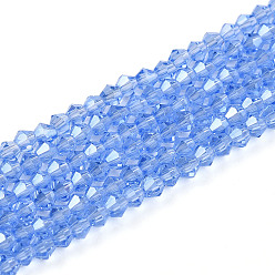 Васильковый Прозрачные стеклянные бусины гальваническим пряди, гальваническое покрытие, граненые, двухконусные, васильковый, 2.9~3.3x2.5 мм, отверстие : 0.7 мм, около 135~140 шт / нитка, 38~40 см