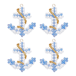 Васильковый 4шт. подвески-якоря из стеклянных бусинок, с настоящими 18позолоченными 304 кольцами из нержавеющей стали, васильковый, 42x35x9 мм, отверстие : 3 мм