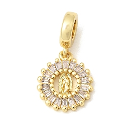 Плоский Круглый Латунные подвески из прозрачного кубического циркония в европейском стиле, религия девственница большие кулоны с отверстием, долговечный, без кадмия и без свинца, стойки покрытие, реальный 18 k позолоченный, плоско-круглые, 24.5 мм, отверстие : 4.5 мм