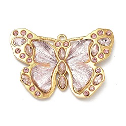 Pink 304 подвески из нержавеющей стали смолы, бабочки прелести, со стразами, реальный 18 k позолоченный, вакуумное покрытие pvd, долговечный, розовые, 35x50x5 мм, отверстие : 2 мм