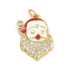 Santa Claus Латунные микропаве прозрачные подвески с фианитом, красной эмалью, прелести рождественской тематики, золотые, Дед Мороз, 21x13.5x3 мм, отверстие : 3.5 мм