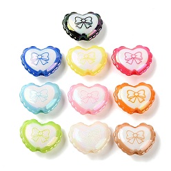 Mixed Color UV Plating Printed Opaque Acrylic European Beads, Large Hole Beads, Iridescent, Heart with Bowknot Pattern, Mixed Color, 21.5x27x9.5mm, Hole: 4mm