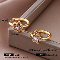 Star 304 Stainless Steel Pave Cubic Zirconia Hoop Earrings for Women, Golden, Star, 20x20mm