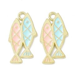 Pink Подвески из эмали и сплава, золотой свет, двойные рыбы, розовые, 24x12x1 мм, отверстие : 2 мм