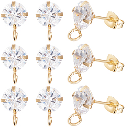 Настоящее золото 18K 10шт. латунные микропрозрачные кубические циркониевые серьги-гвоздики, с вертикальными петлями, без никеля , с ушными гайками 10 шт., реальный 18 k позолоченный, 12x8 мм, отверстие : 2 мм, штифты : 0.7 мм