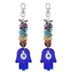 Смешанный Материал 2шт. ручная работа лэмпворк кулон сглаз украшение, бусины из драгоценных камней с застежкой-лобстером, для брелка, кошелек, украшение для рюкзака, Хамса рука / рука Мириам, 125~144 мм