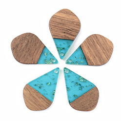 Dark Turquoise Transparent Resin & Walnut Wood Pendants, with Gold Foil, Teardrop, Dark Turquoise, 28x17.5x3mm, Hole: 1.8mm