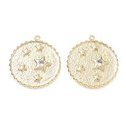 Real 18K Gold Plated Brass Micro Pave Clear Cubic Zirconia Pendants, Flat Round with Star Charms, Real 18K Gold Plated, 25x23x3mm, Hole: 1mm