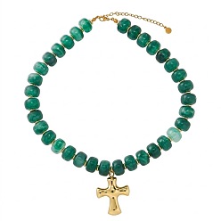 Green 304 Stainless Steel Religion Cross Pendant Rhondelle Beaded Necklaces for Women, Golden, Green, 17.32 inch(44cm)