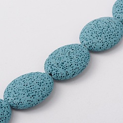 Medium türkis Natürliche Lavasteinperlenstränge, gefärbt, Flachoval, hellblau, 32~33x24~25x7.5~9 mm, Bohrung: 2 mm, ca. 12 Stk. / Strang, 16 Zoll