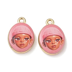Hot Pink Printed Alloy Pendants, Oval with Girl & Beanie Charms, Rack Plating, Cadmium Free & Nickel Free & Lead Free, Golden, Hot Pink, 20x13.5x3.5mm, Hole: 1.8mm