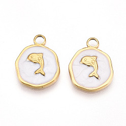 Белый 304 подвески из нержавеющей стали, с эмалью, плоский круглый с подвесками в виде дельфинов, ионное покрытие (ip), реальный 18 k позолоченный, белые, 16.5x13x2 мм, отверстие : 2.5 мм