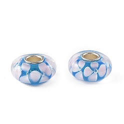 Light Sky Blue Lampwork & Brass Core European Beads, Large Hole Beads, Rondelle with Flower, Light Sky Blue, 15x7.5mm, Hole: 4mm