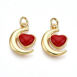 (123L) Белый крем непрозрачный блеск Латунь эмаль подвески, с целью перехода в кольце, без кадмия и без свинца, луна с сердцем, реальный 18 k позолоченный, огнеупорный кирпич, 16x12x3 мм, отверстие : 3.5 мм