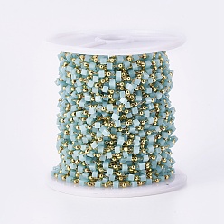 Светло-Синий Ручной цепи стекло бисером, пайки, с латунной фурнитурой , с катушкой, долговечный, золотые, кубические, голубой, 2.3~2.8x2.3~2.8x2.3~2.8 мм, 2 мм, около 32.8 футов (10 м) / рулон