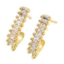 Real 18K Gold Plated Brass Stud Earring Findings, Cadmium Free & Nickel Free & Lead Free, with Clear Rhinestone & Horizontal Loops, Real 18K Gold Plated, 14x3.5mm, Hole: 1mm, Pin: 0.7mm